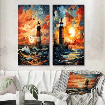 «Coastal Stormy Sunset Lighthouse Breeze I», ensemble de 2 reproductions d'art sur toile
