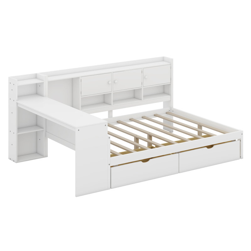 Wooden L-Shape Daybed With Cabinets And Drawers, Desk And Built-In Bookshelf, White