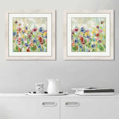 « printemps pâturage fleurs », ensemble de 2 reproductions de peintures à l’acrylique encadrées