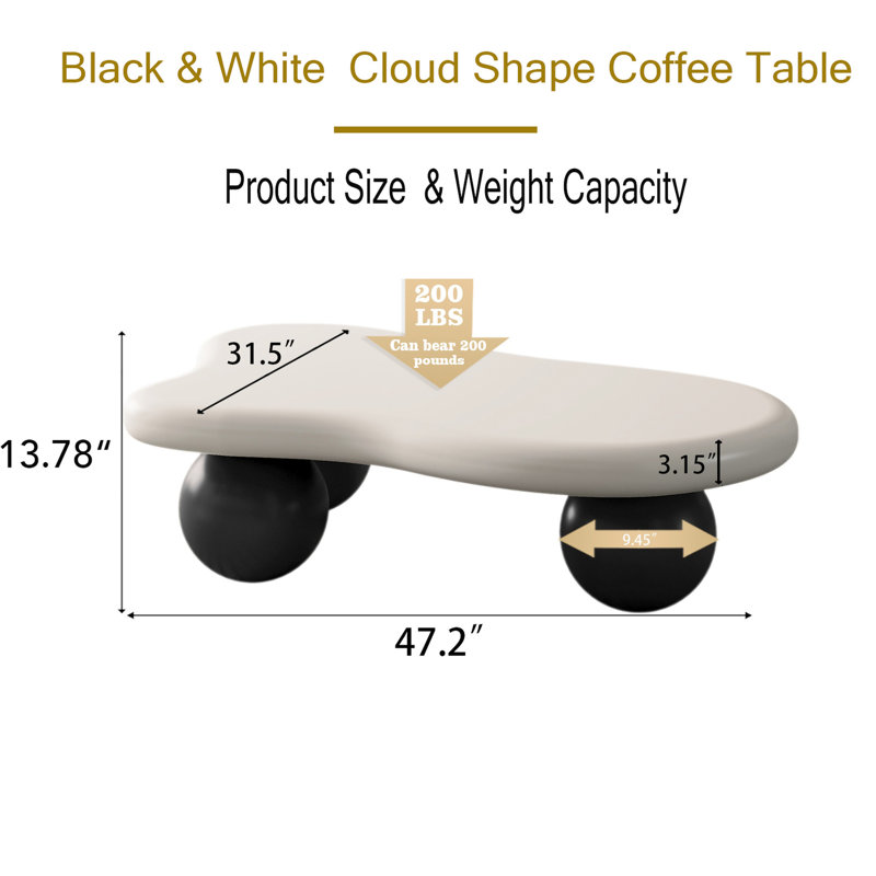 Table basse de 48,54 po en forme de nuage, 3 pieds, plateau blanc, table de 47 po facile à installer, coins arrondis lisses, performance durable
