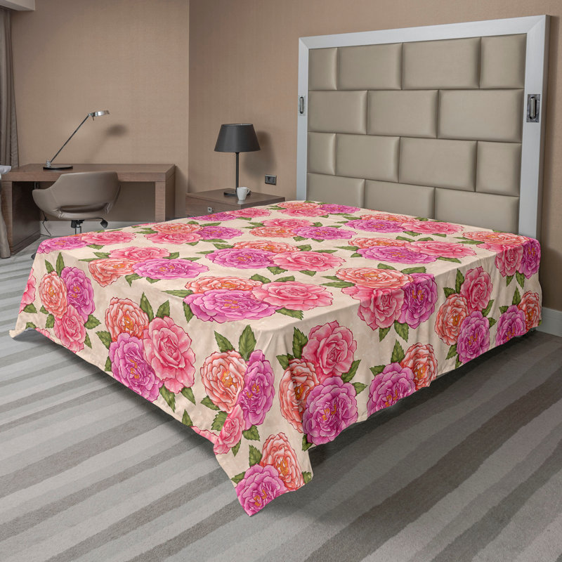 Drap plat Ambesonne, Motif floral rose, Drap plat pour très grand lit californien