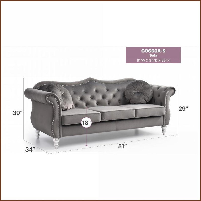 Canapé touffeté en velours clair Glam Light - Structure en bois franc durable pour le salon | Gris foncé | Velours | Dossier capitonné