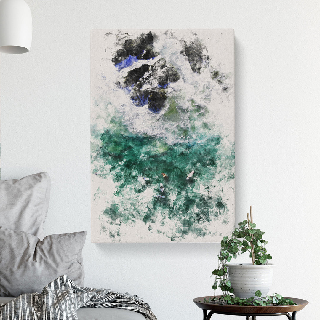Surfers at Byron Bay in Australia Watercolour - Wrapped Canvas Graphic Art