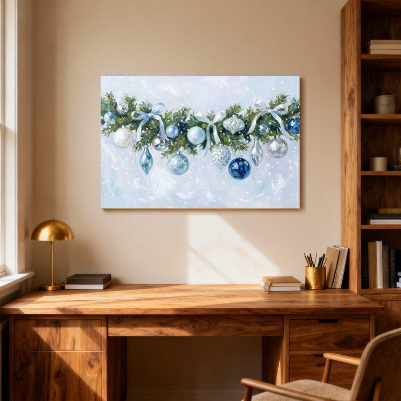 Christmas Blue Christmas Ornaments On Green Garland, 28" H x 40" W
