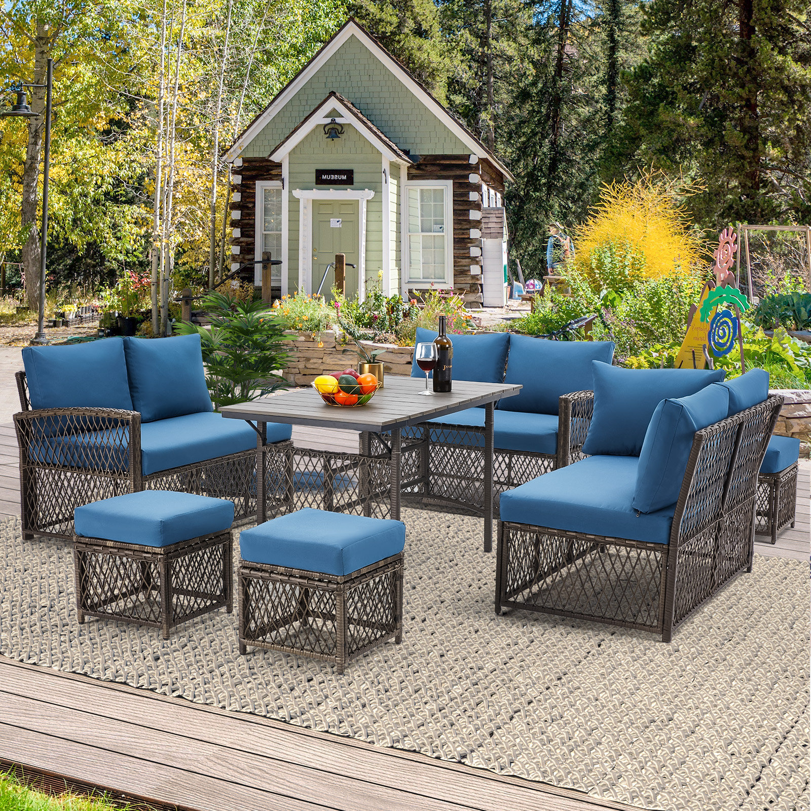 Azoriah Wicker 7 - Person Oversized Armrest Outdoor Seating Group with Storage Latitude Run Cushion Color: Navy Blue