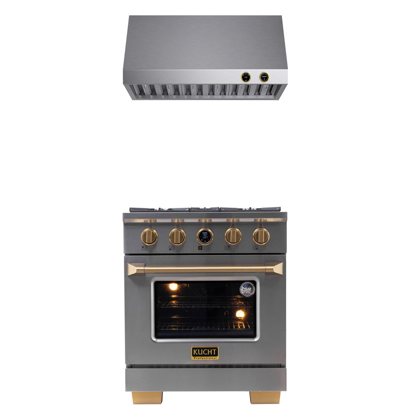 KUCHT 30 In. 4.2 Cu. Ft. 4 Burners Dual Fuel Range For Propane Gas In Stainless Steel And Gold + Under Cabinet Range Hood