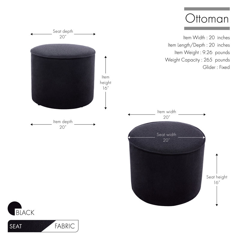 Amarjot Bouclé Fabric Round Ottoman, Black Polyester Blend