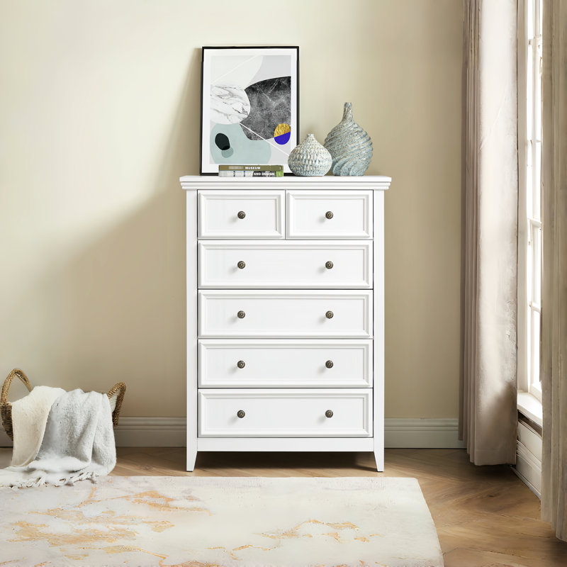 Armoire 6 tiroirs pour le salon - blanc, intérieur spacieux et commode à poignée de fleurs rétro avec beaucoup d'espace