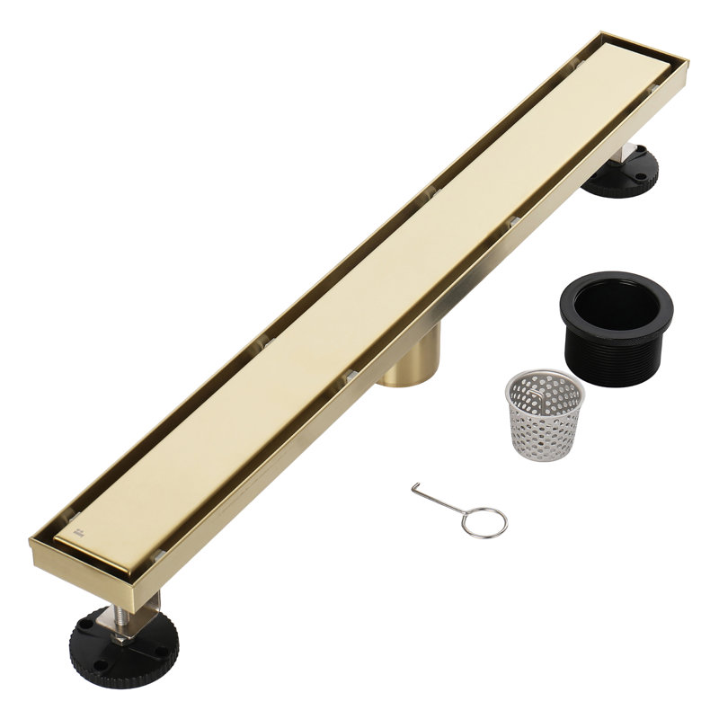 FINE FIXTURES Stainless Steel 32 inch Linear Shower Drain with Hair Trap and Tile Insert & Grate 2-in-1 Design, Satin Brass