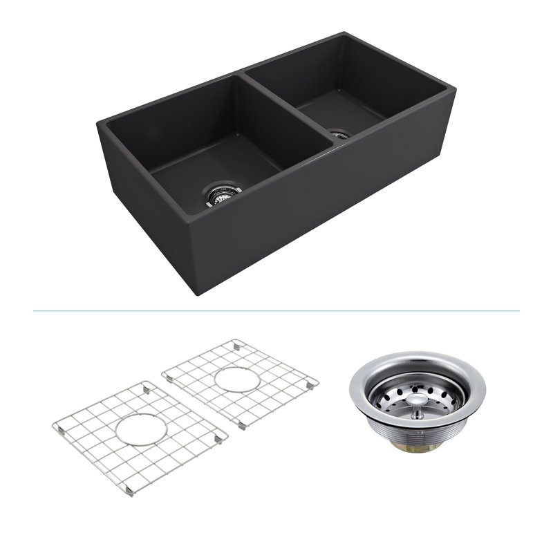 36 x 19 Inch Fireclay Kitchen Sink, Crestwood Farmhouse Sink, Rectangle Double Bowl Apron Front, Plain Farm Ceramic Sink