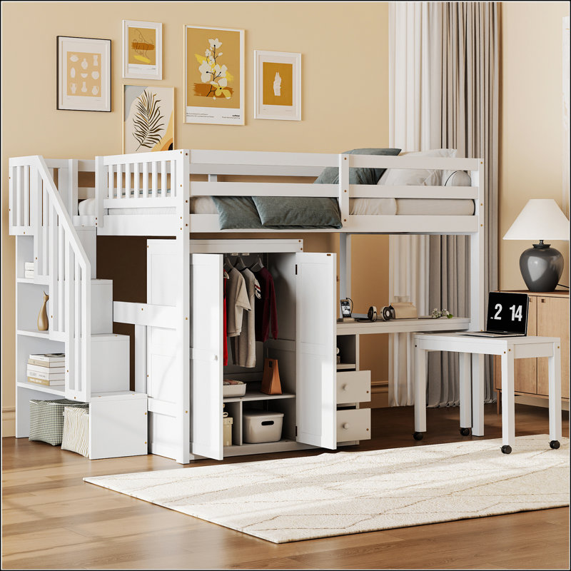 Lit mezzanine double avec escalier, Double, Blanc