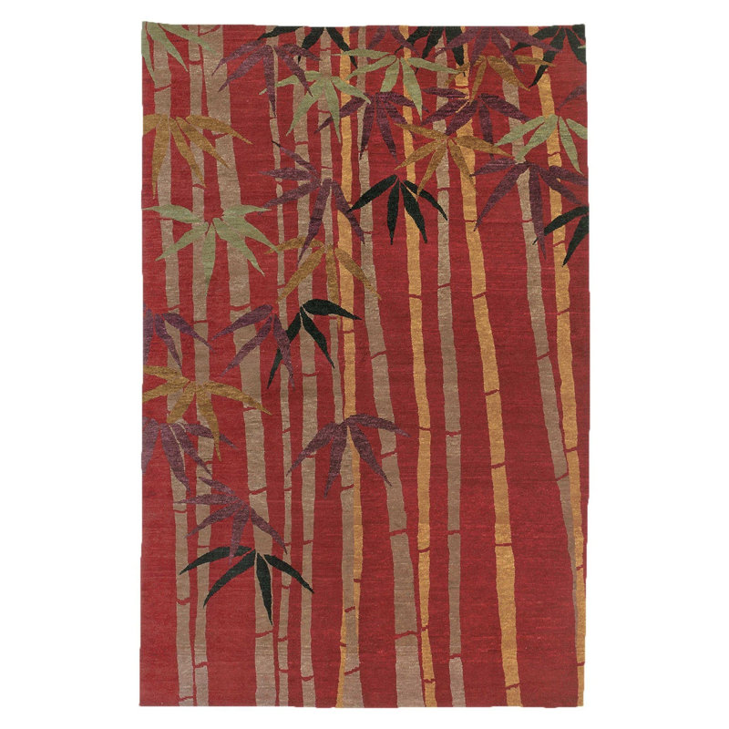 Bamboo Wool Floral Area Rug in Gray/Red/Yellow