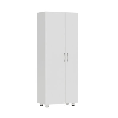 72" Tall Storage Cabinet with Broom Closet & 5-Tier Shelves, Freestanding Utility Cupboard for Pantry, Laundry, or Garage, Adjustable Shelving & Leveling Feet, White Finish