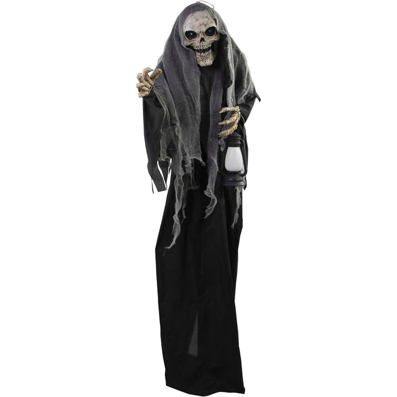 Haunted Hill Farm 5,11 pi Squelette effrayant tenant une lanterne d'Halloween animatronique avec lumières et sons tactiles