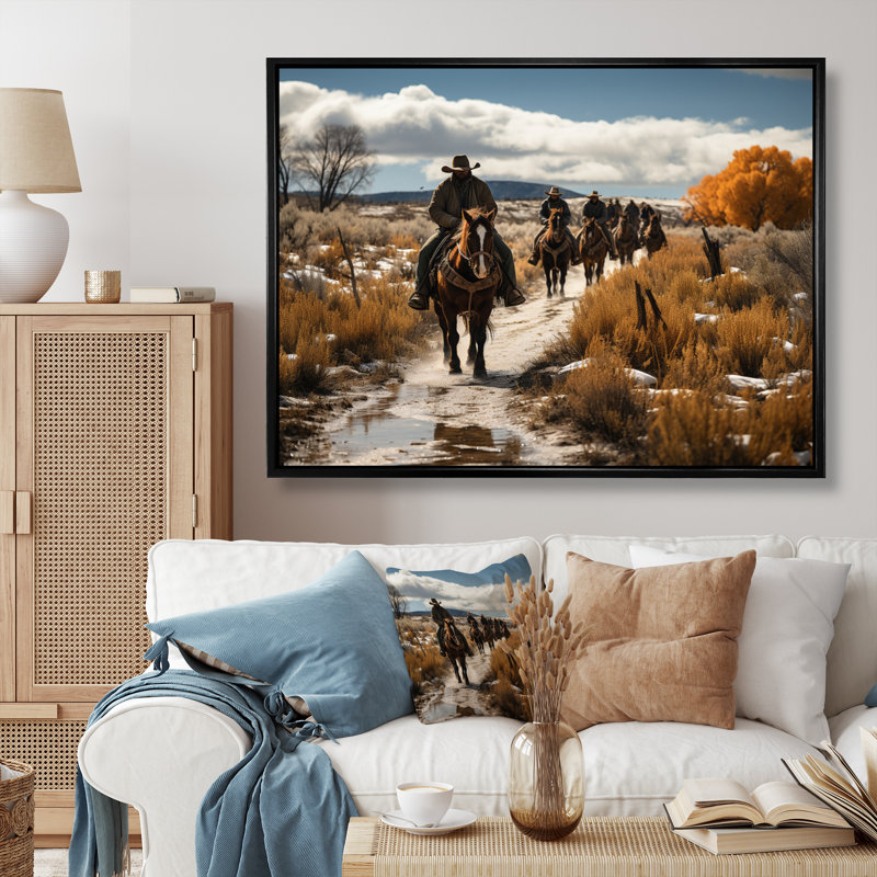 «Western Cattle Drive Memories» sur toile, Cadre flottant noir, H 30 po x l 40 po x P 1,5 po
