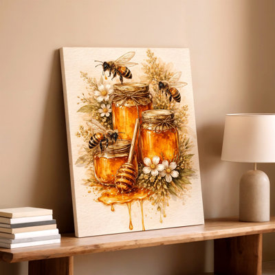 Miel, abeilles, pots de fleurs, botanique rustique, impression sur toile, coordonnée, botanique rustique, œuvre d'art pour la cuisine, décoration murale
