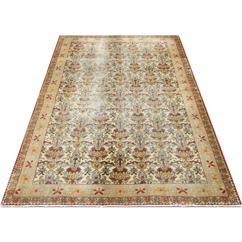 One-of-a-Kind Hand-Knotted 1960s 4'4" x 7' Wool Area Rug in Beige/Red/Yellow