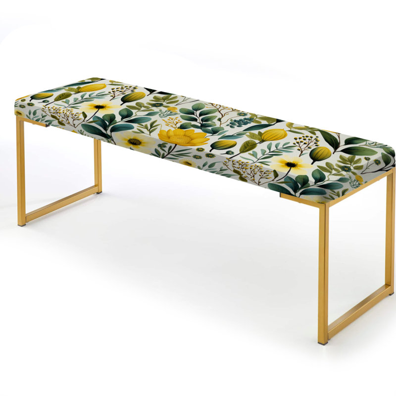 Botanical Ferns In Green And Yellow - Floral Upholstered Gold Bench