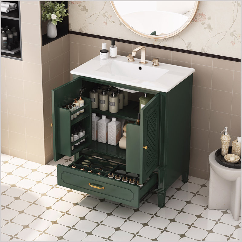 Meuble-lavabo 30 po avec lavabo, espace de rangement multifonctionnel, Vert foncé