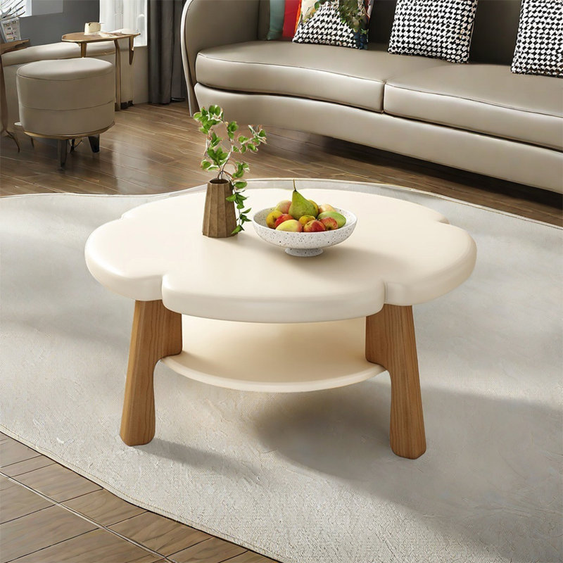 Creative round flowers solid wood coffee table, 17.7" H x 35.4" L x 35.4" W, White