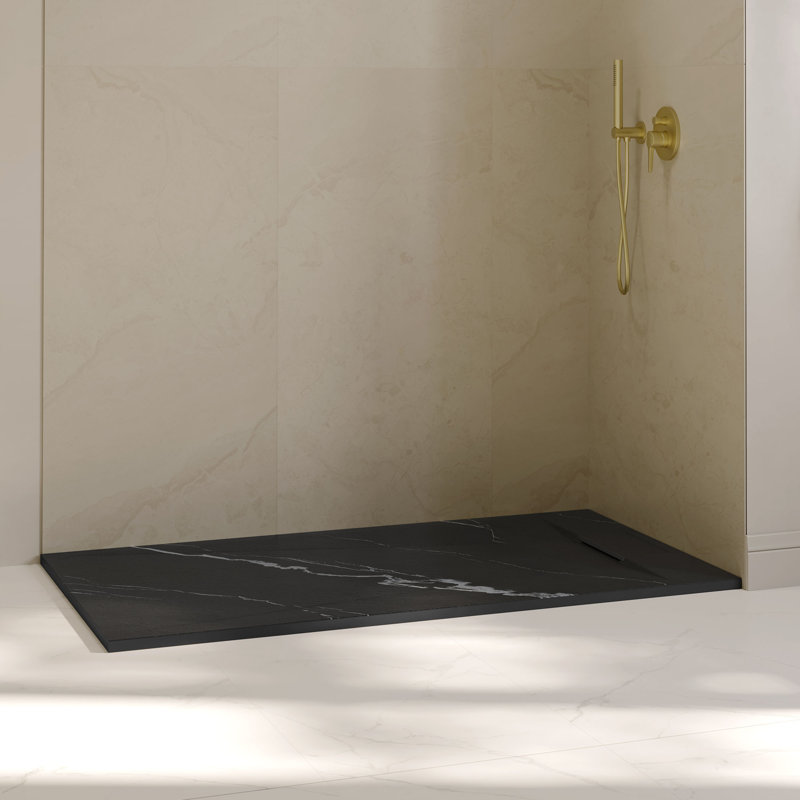 Receveur de douche rectangulaire extra-plat OVE Lenora 152,4 cm x 91,4 cm avec bonde latérale dissimulé, noir Carrara