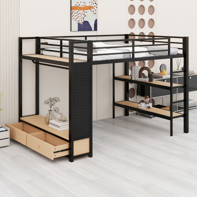 Metal Loft Bed Frame With Wardrobe,Storage Shelves And Pegboard