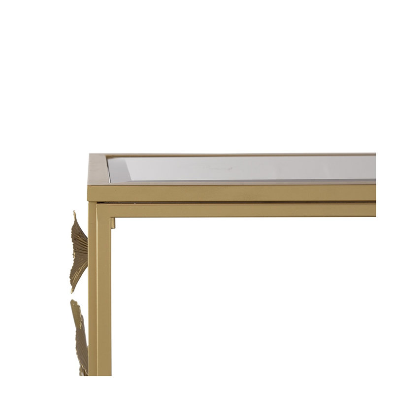 Console Tamara en fer doré avec plateau en verre et cadre floral