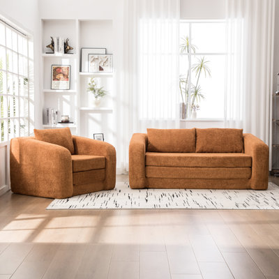 Lit convertible orange à 3 places avec mousse à haute densité, chenille goutte d'eau et coussins assortis pour le salon