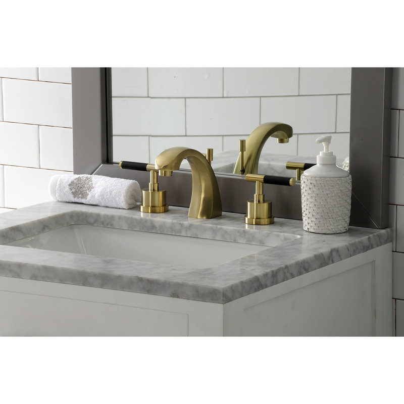 Kingston Brass Kaiser Two-Handle 3-Hole Deck Mount Widespread Bathroom Faucet with Brass Pop-Up Drain, Brushed Brass