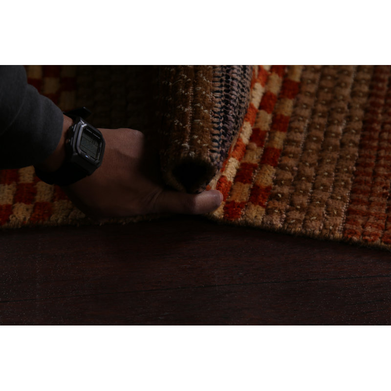 Tapis beige / orange en laine noué à la main de conception unique 3 pi 2 po x 4 pi 7 po New Age
