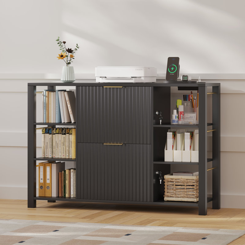 Classeur de luxe à 2 tiroirs avec serrure, tiroirs en bois cannelé et tablettes ouvertes - Rangement de bureau moderne, Noir