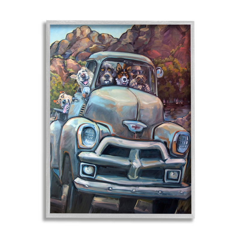 «Dogs In Vintage Pickup» par CR Townsend, H 14 po x l 11 po x P 1,5 po, Giclée encadrée noir minuit