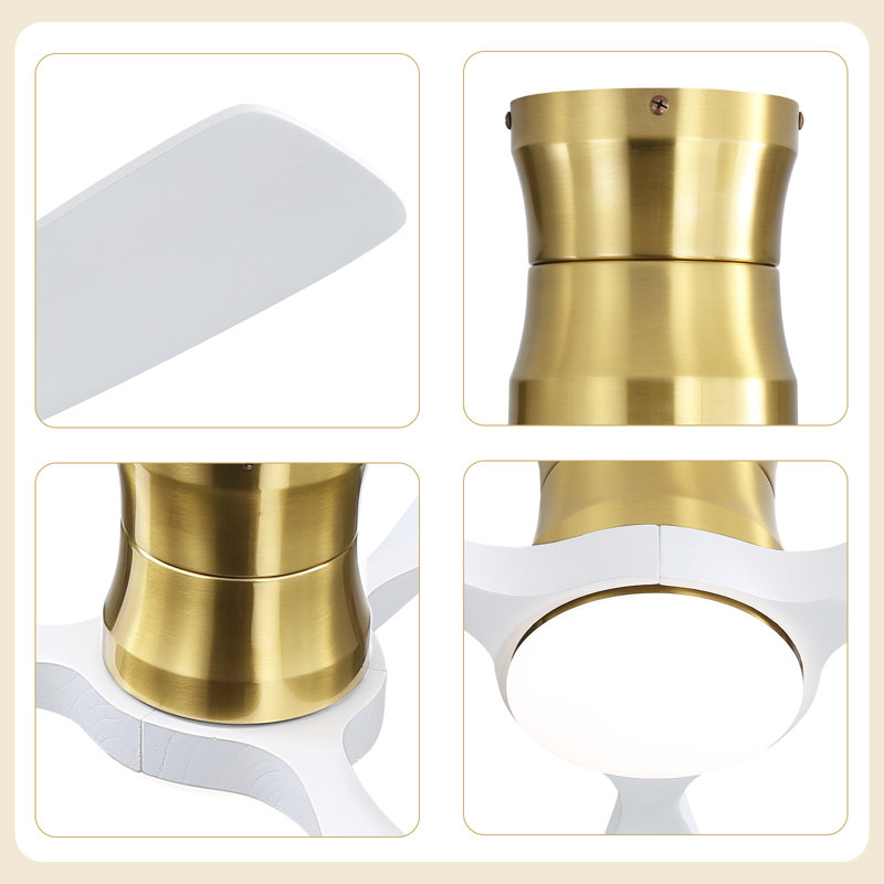 Ventilateur de plafond encastré 48 "avec lumières, télécommande, pales en bois massif Kemp, blanc et doré à intensité variable Kemp