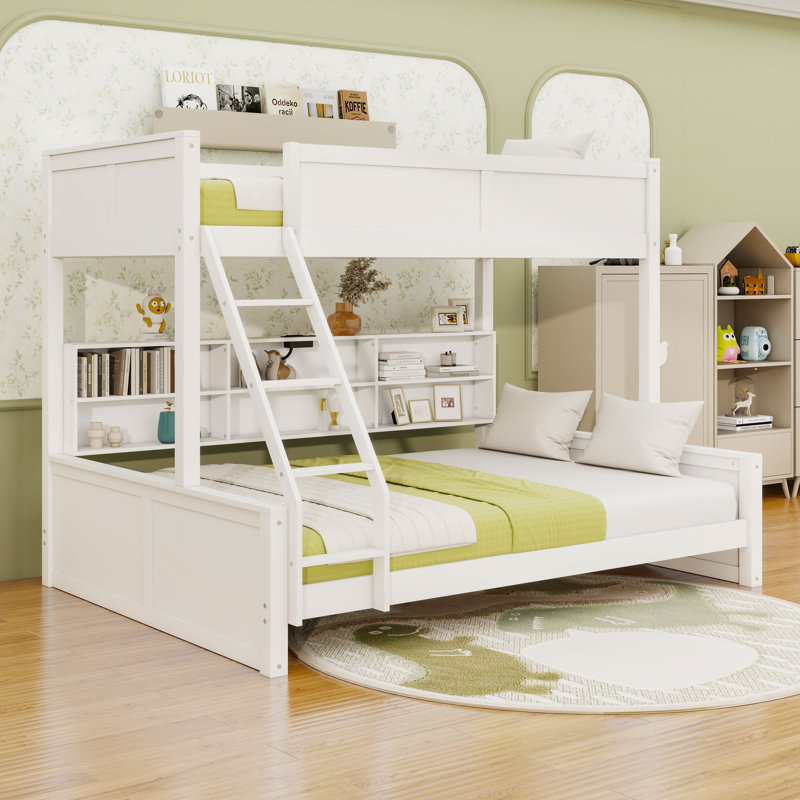 Lit superposé en bois avec tablettes, station de charge USB et prise, Simple TG sur grand, Blanc antique