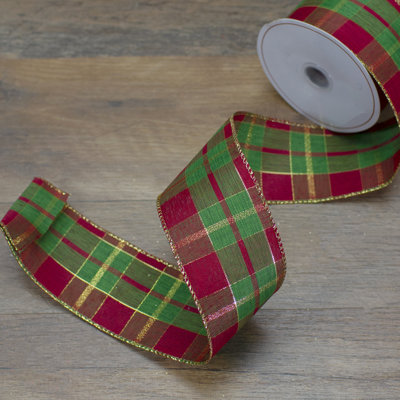 Red Green And Gold Plaid Christmas Wired Craft Ribbon 2.5" X 10 Yards