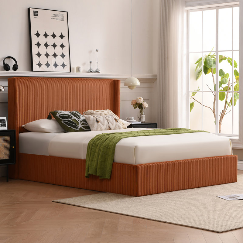 Lit plateforme tapissier en velours côtelé Wauson, Grand, Orange