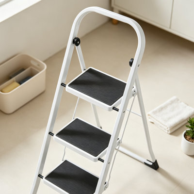 Sturdy 3-Step Folding Ladder - Lightweight Steel, Anti-Slip Safety