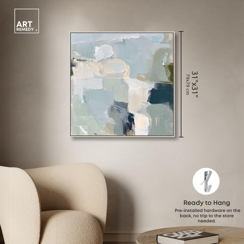 Toile écume de mer et sable II par Art Remedy, H 31 po x l 31 po, Cadre flottant, Argent argent