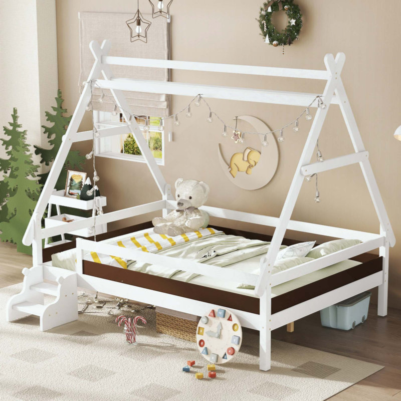 Lit plateforme House avec escalier, structure de lit en bois massif, profil bas et conception amusante pour enfants