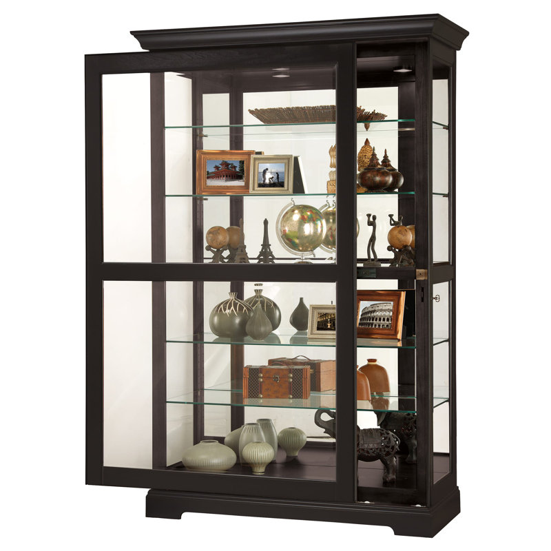 Kane II Grand Curio Display Cabinet, Locking Beveled Sliding Door, Dual Incandescent Lights, Black