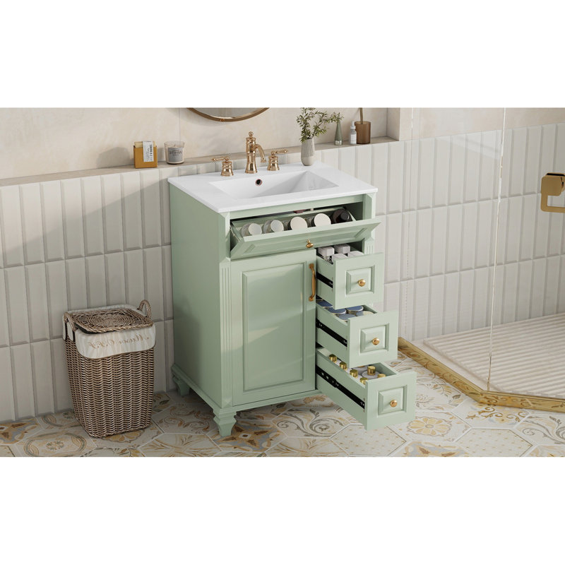 Meuble-lavabo de 24 po avec lavabo, meuble-lavabo autoportant vert avec tiroir rabattable, 3 tiroirs et armoire de rangement, bois massif et panneau de fibres à densité moyenne, plateau de lavabo en céramique, meubles-lavabos
