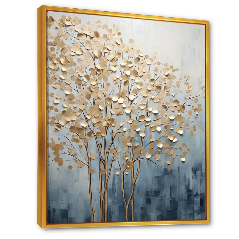 Minimalisme, arbres dorés et bleus scène VII - arbres, art mural, Cadre flottant doré, H 44 po x l 34 po x P 1,5 po