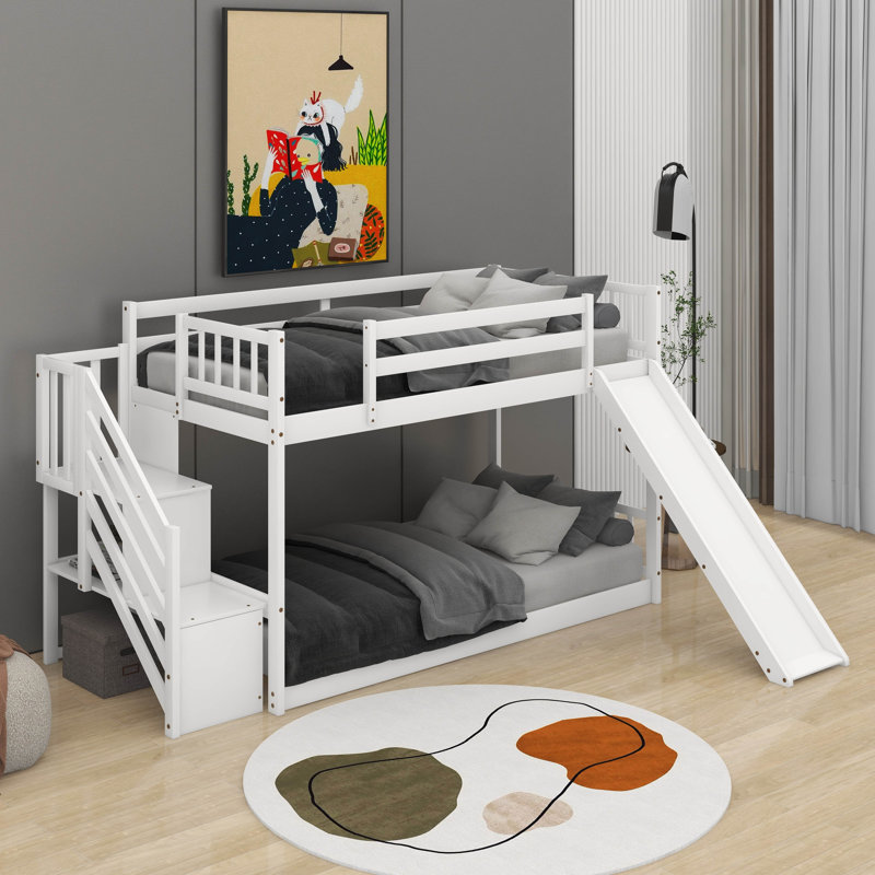 Twin Over Twin Bunk Bed With Convertible Slide And Stairway, White