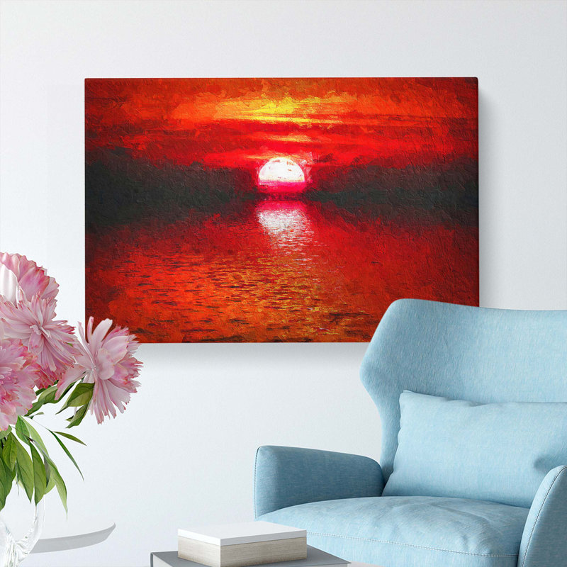 Red and Orange Sunset Above the Sea in Abstract - Wrapped Canvas Painting Pint, 50cm H x 76cm W x 3cm D