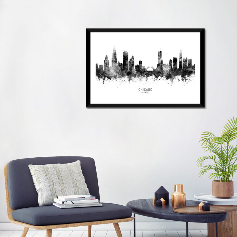 Impression d’art graphique, "Chicago Illinois Skyline" par Michael Tompsett, H 24 po x l 32 po x P 1 po, Papier encadré noir