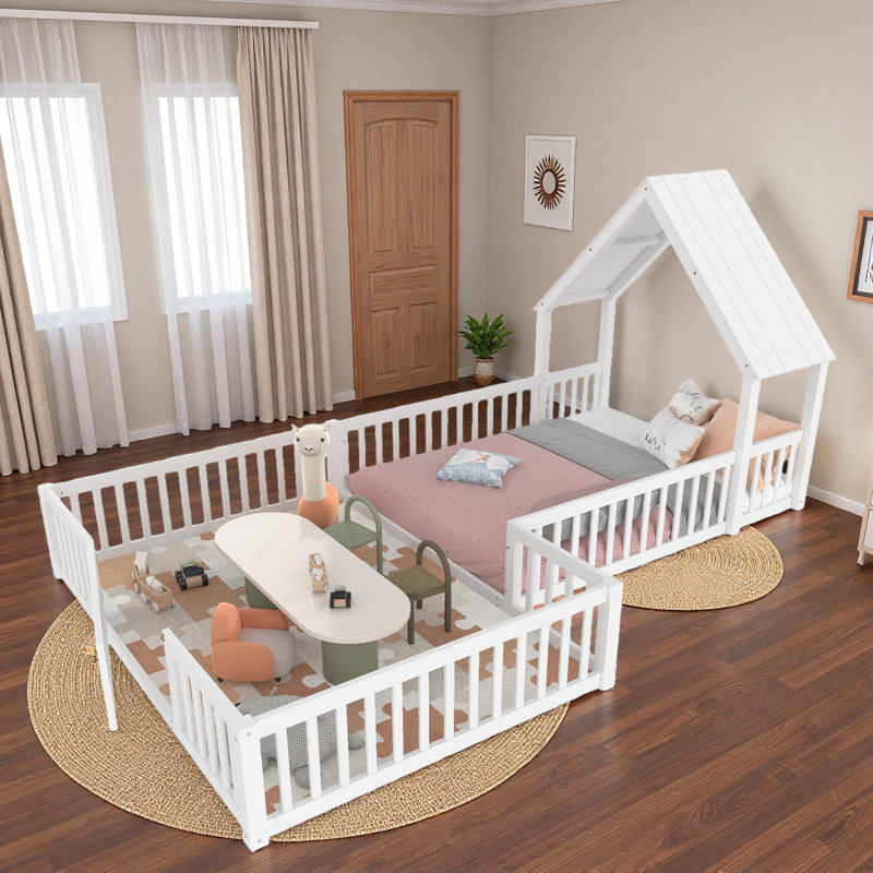 Lit House House avec porte et garde-corps pleine longueur, Full, Blanc
