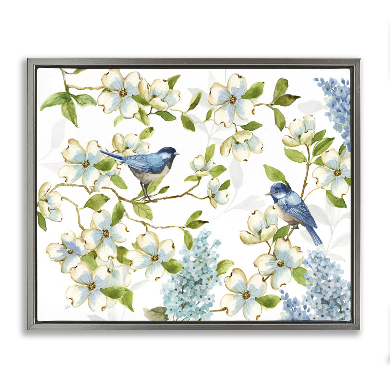 "Dogwood & Bluebirds", art mural encadré flottant par Nan, Gris, H 17 po x l 21 po