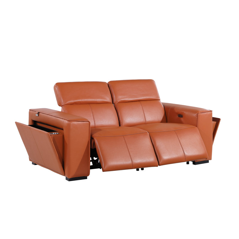 Top Grain Italian Leather Modular Power Dual Reclining Loveseat With Power Headrests, Camel