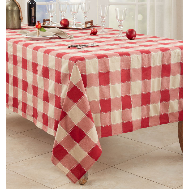 Red and Beige Stitched Plaid Cotton-Polyester Tablecloth