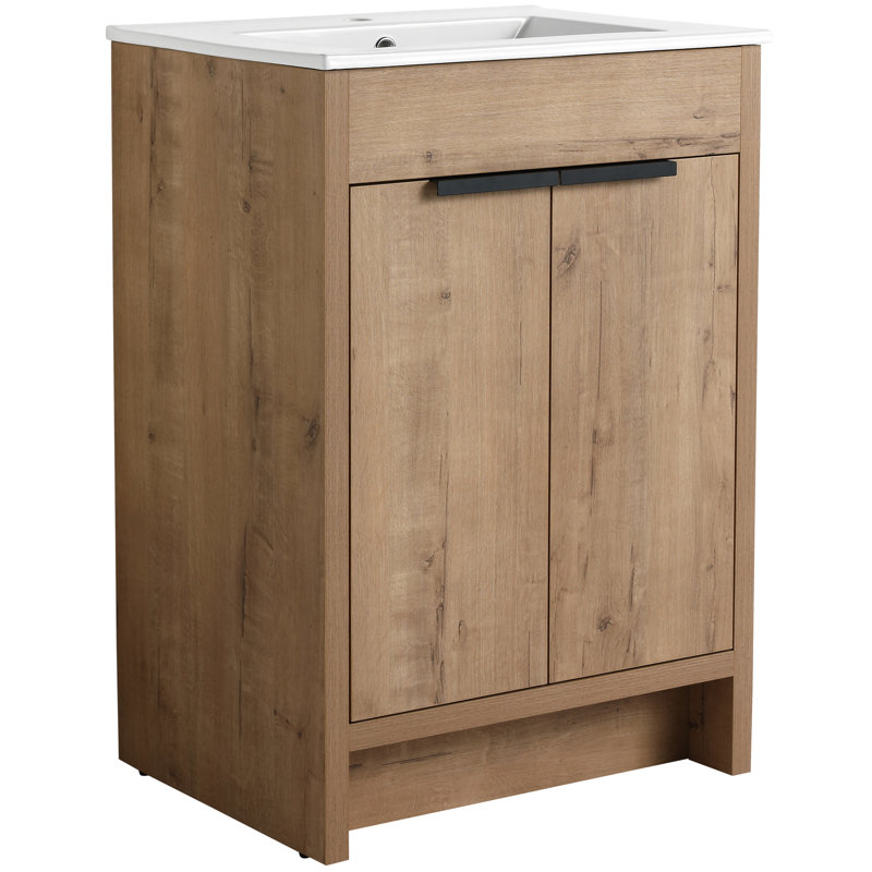 Meuble-lavabo autoportant de 24 po avec 2 portes d'armoire à fermeture douce, emballage en kd, base en chêne imitation, matériau en contreplaqué, eau, sans dosseret ni support de fixation sans plateau, tablettes réglables